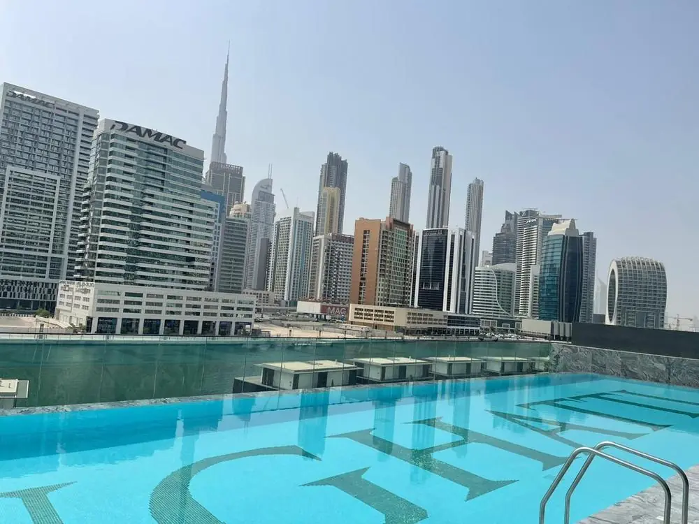 Infinity pool facing the Burj Khalifa, Binghatti Canal